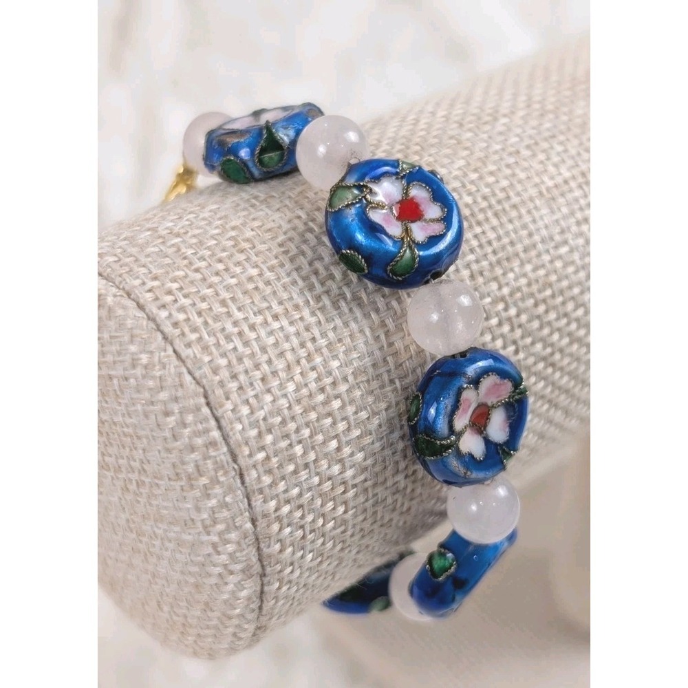 Vintage Cloisonne Enamel Floral Braceletโ Blue Beads Rose Quartz Gold Tone